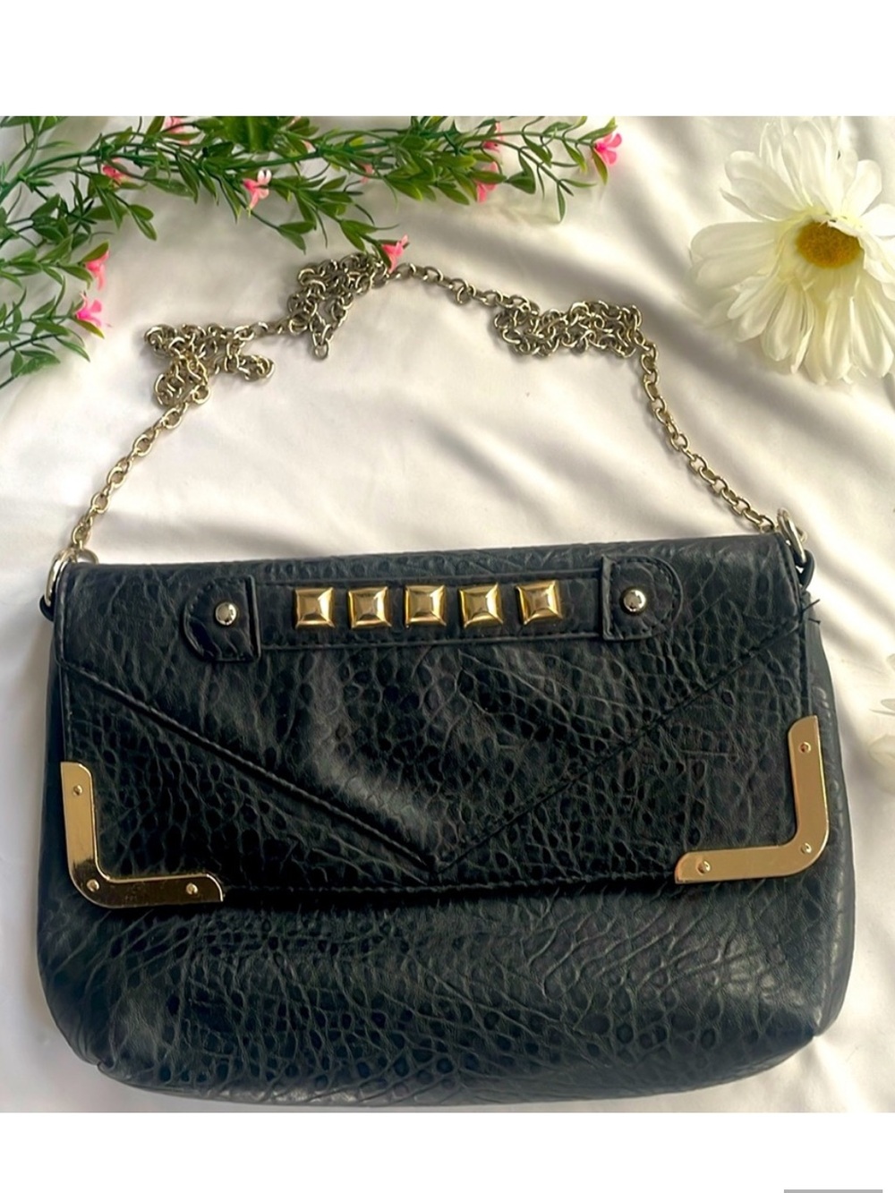 Sleek Black Multi Pocket Shoulder Bag Gold Chain Strap Clasp Closure NWOT
